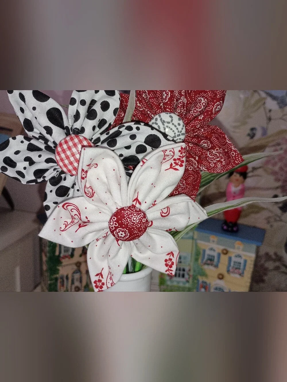 2/$20 Handcrafted Red, White & Black Fabric Flower Bouquet In White Vase